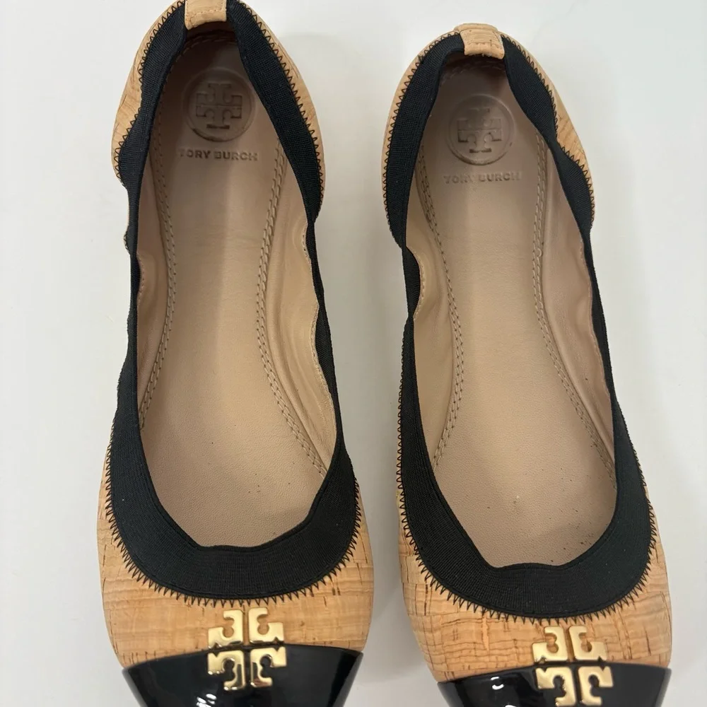 Tory Burch Black and Natural Cork Cap-Toe Ballet Flats